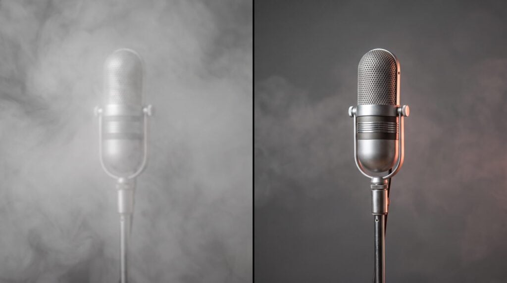 Split photo of the same vintage microphone: on the left it is almost lost in thick fog, on the right it is sharp with only a light haze behind it