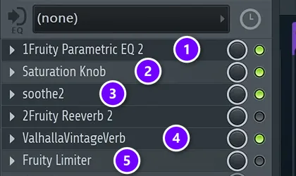 FL Studio Mixer slots of the Reverb track: Fruity Parametric EQ 2 (1), Saturation Knob (2), soothe2 (3), ValhallaVintageVerb (4) and Fruity Limiter (5) numbered