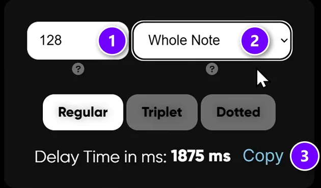 Mix Elite reverb and delay calculator set to 128 BPM (1) and Whole Note (2), showing 1875 ms (3)