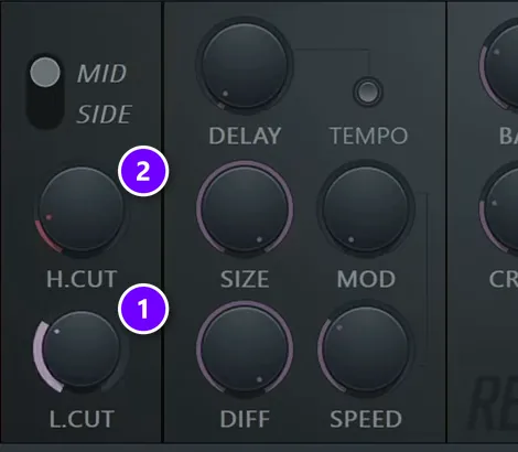 Fruity Reeverb 2 with the L.CUT knob turned up (1) and the H.CUT knob (2) numbered