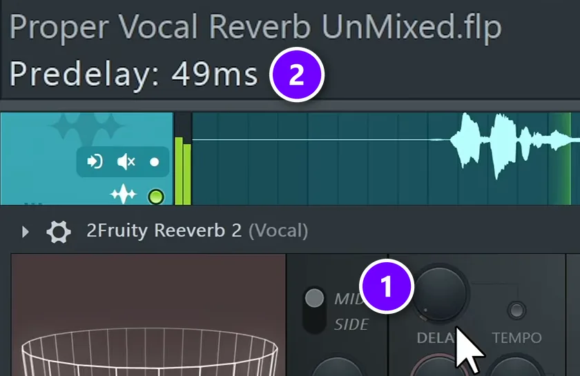 Fruity Reeverb 2 DELAY knob (1) with the FL Studio hint bar showing Predelay 49ms (2) numbered