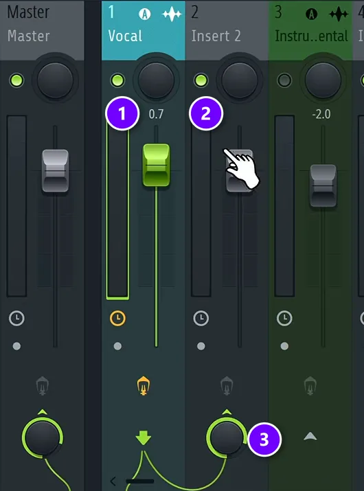 FL Studio Mixer with the Vocal track (1), the empty Insert 2 next to it (2) and the send knob at the bottom of Insert 2 (3) numbered