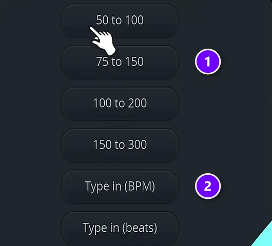 FL Studio tempo autodetect menu with the BPM range buttons (1) and Type in (BPM) (2)