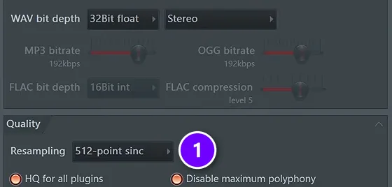 FL Studio render window with Resampling set to 512-point sinc (1) in the Quality section