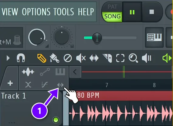 FL Studio Playlist toolbar with the stretch mode button (1) being clicked above an 80 BPM audio clip