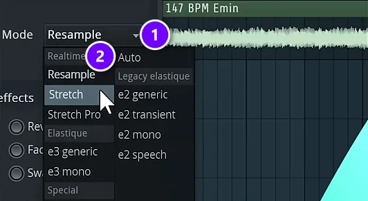 FL Studio audio clip Mode menu (1) open on the Realtime group (2) with Resample, Stretch and Stretch Pro
