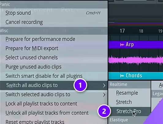 FL Studio Tools Macros menu with Switch all audio clips to (1) open and Stretch Pro (2) selected