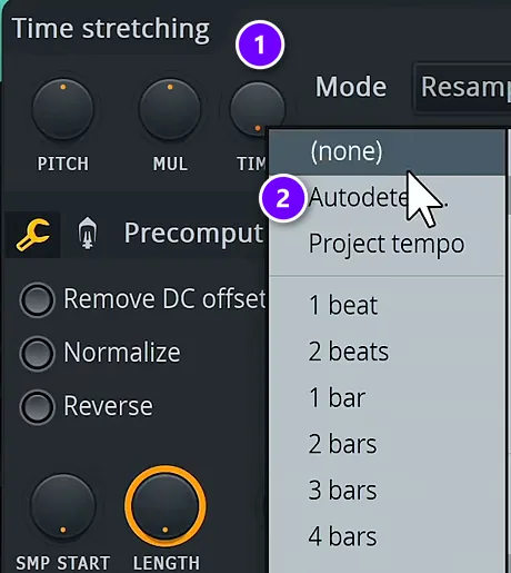 FL Studio Time stretching section with the TIME knob (1) right-clicked and Autodetect (2) in its menu