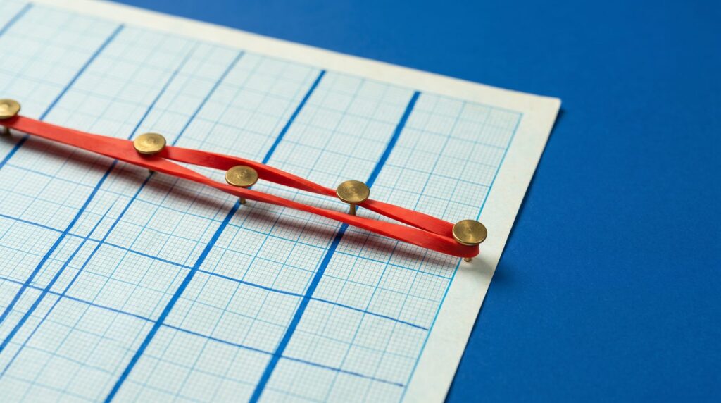 A red rubber band stretched across blue graph paper and held to the grid lines by brass push pins, like warp markers holding audio to the beat