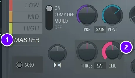 Maximus in FL Studio with the MASTER band selected (1) and its CEIL ceiling knob (2) set to -0.3 dB