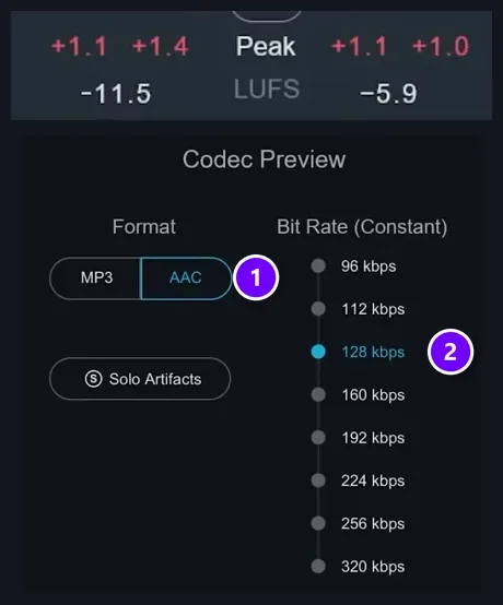 Ozone Codec Preview set to AAC (1) at 128 kbps (2), with the output Peak readout above it at about +1 dB