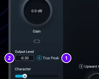 iZotope Ozone Maximizer with True Peak switched on (1) and the Output Level ceiling at -0.30 dB (2)