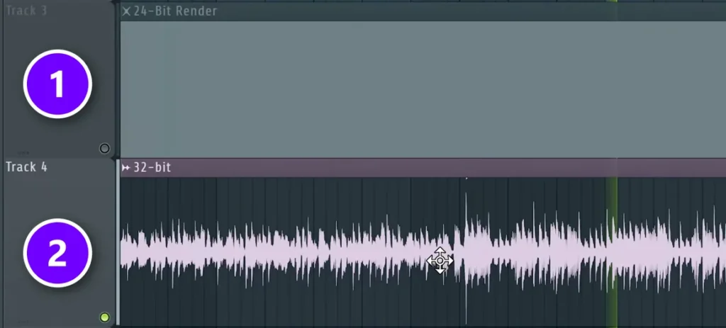 FL Studio Playlist with a clipped 24-bit render (1) and a 32-bit float render with every peak intact (2)