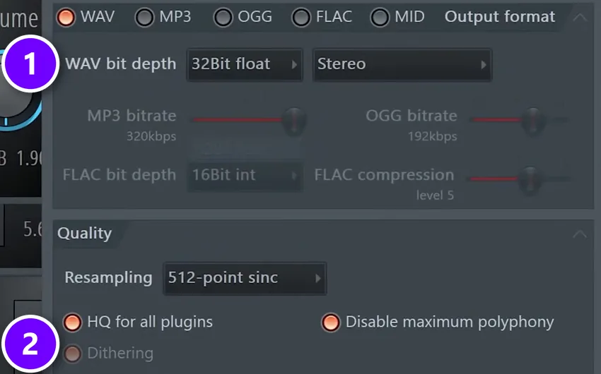 FL Studio render window set to WAV bit depth 32Bit float (1) with the Dithering option grayed out (2)