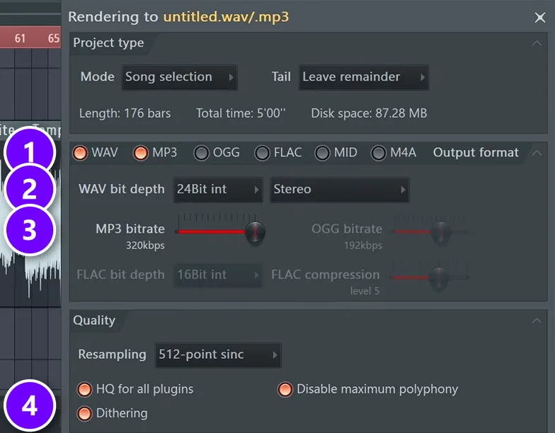 FL Studio render window with WAV and MP3 (1), WAV bit depth 24Bit int (2), MP3 bitrate 320kbps (3) and Dithering ticked (4)