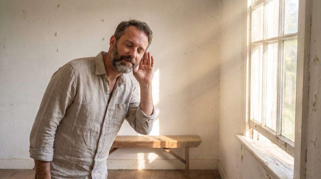 A man with his eyes closed and a hand cupped behind his ear, listening for the faintest sound in a quiet sunlit room