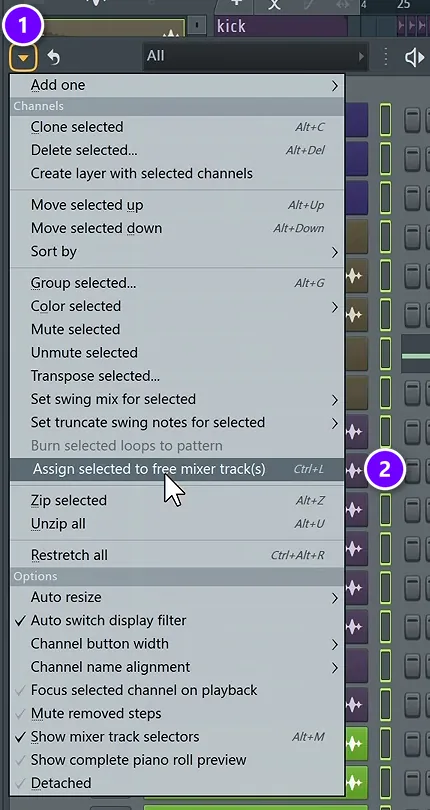 FL Studio Channel Rack menu (1) with Assign selected to free mixer track(s), Ctrl+L (2) numbered
