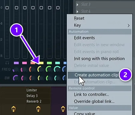 Right-click menu on an FL Studio EQ knob (1) with Create automation clip (2) numbered