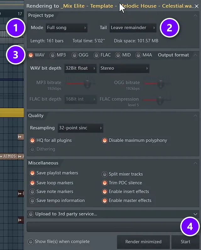 FL Studio render window with Mode Full song (1), Tail Leave remainder (2), WAV (3) and Start (4) numbered