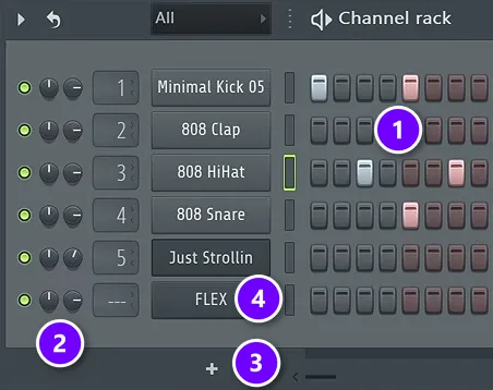 FL Studio Channel Rack with the step sequencer, the volume and pan knobs, the plus button and the FLEX channel numbered