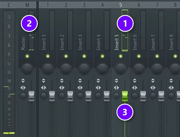 FL Studio Mixer with mixer track 5, the Master track and a volume fader numbered