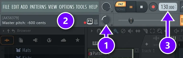 FL Studio top bar with the master volume and pitch knobs (1), the hint panel (2) and the tempo box (3) numbered