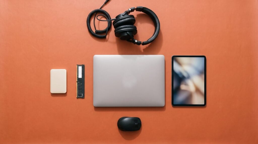 Laptop, studio headphones, an external SSD, a stick of RAM, a tablet and a mouse laid out on a terracotta surface: the basic gear for running FL Studio