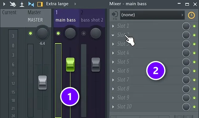 FL Studio Mixer with the main bass track (1) and its 10 empty effect slots (2) numbered