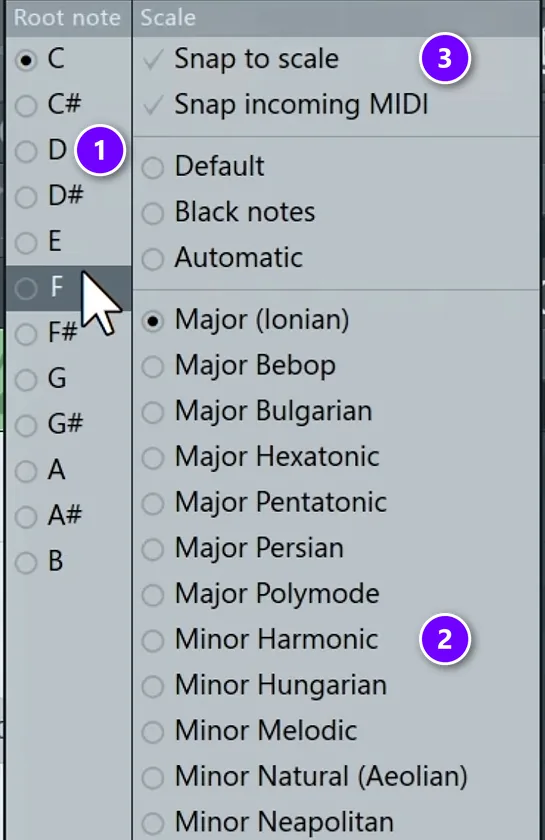 FL Studio Piano Roll scale menu with the root notes (1), Minor Harmonic in the scale list (2) and Snap to scale (3) numbered