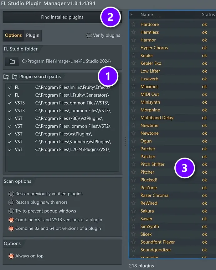 FL Studio Plugin Manager with Plugin search paths (1), Find installed plugins (2) and the plugin list (3) numbered