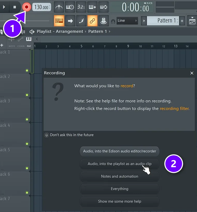 FL Studio record button (1) and the Recording window option Audio, into the playlist as an audio clip (2)