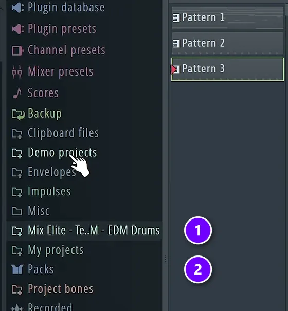 FL Studio Browser with a newly added sample pack folder (1) next to the stock Packs folder (2)