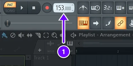 FL Studio tempo box set to 153 BPM (1), next to the PAT/SONG switch and the play, stop and record buttons