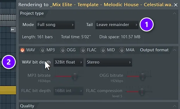 FL Studio export window with Mode Full song and Tail Leave remainder (1) and WAV bit depth set to 32Bit float (2)