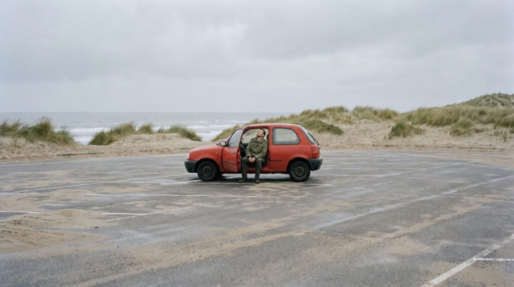 A man sitting in the open door of a small red car in an empty beach car park, eyes closed, listening to his song on the car speakers
