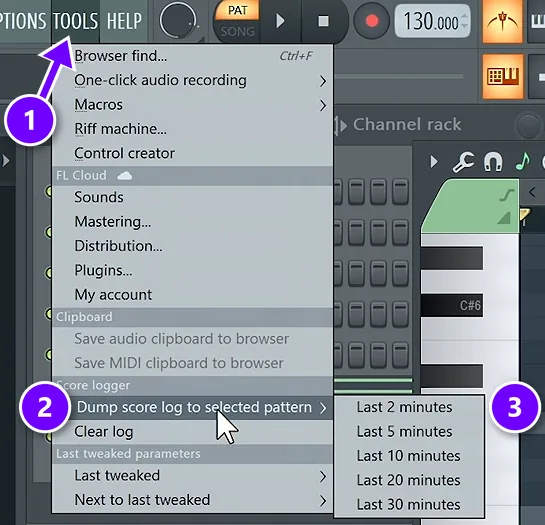 FL Studio Tools menu (1) with Dump score log to selected pattern (2) and the last 2 to 30 minutes options (3)