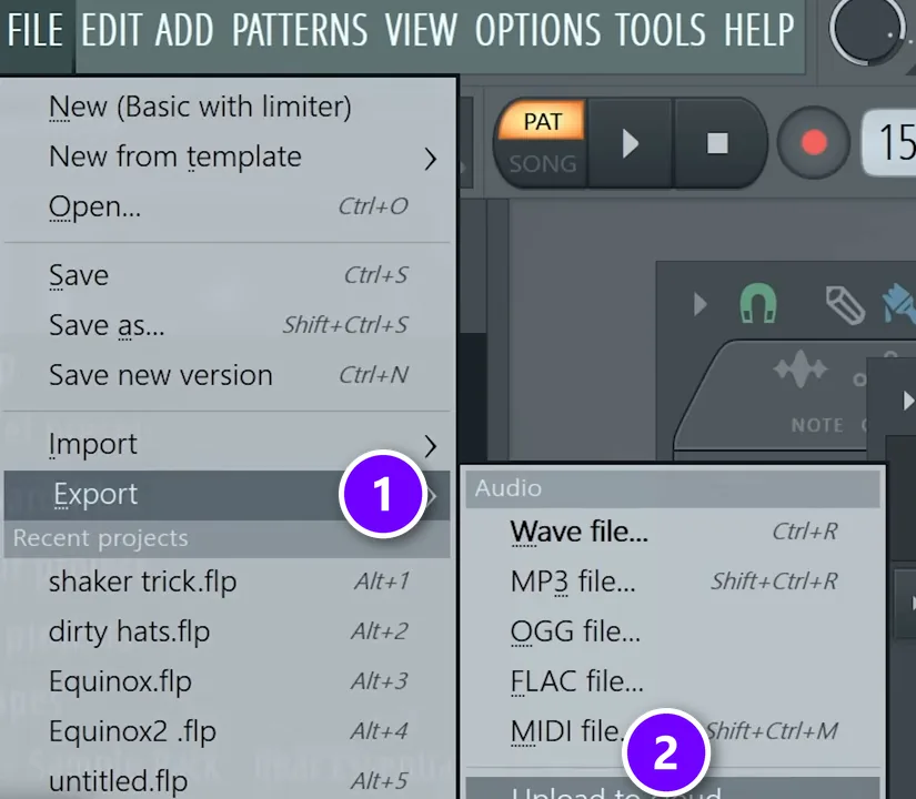 FL Studio File menu with Export (1) and the MIDI file option (2)