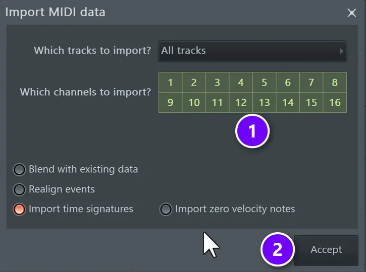 FL Studio Import MIDI data window with the 16 MIDI channels (1) and the Accept button (2)
