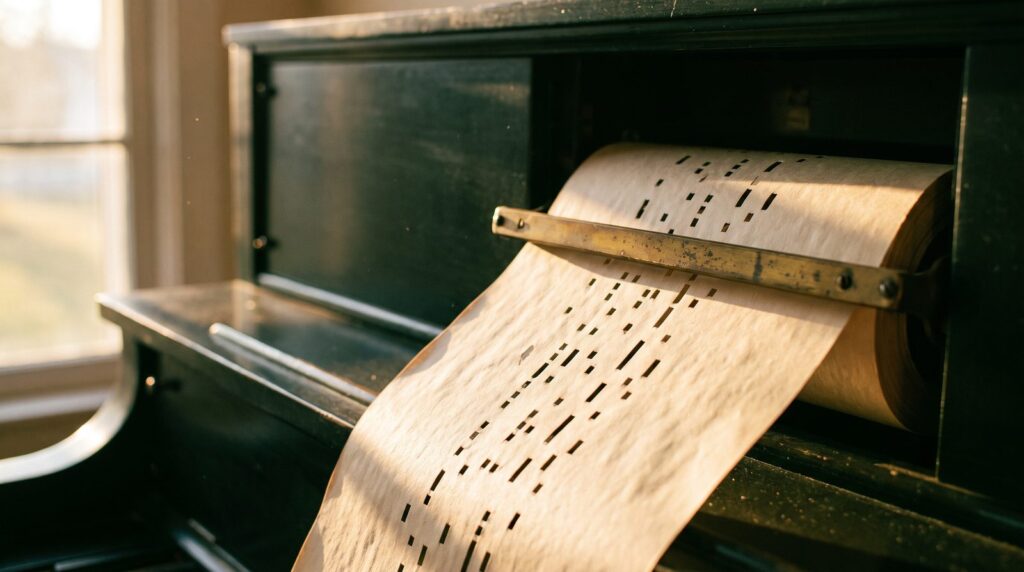 Close-up of a player piano's punched paper roll moving over the brass tracker bar, an old way of storing notes as instructions instead of sound