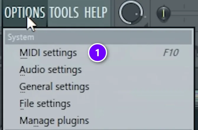 FL Studio Options menu with MIDI settings (1) and its F10 shortcut