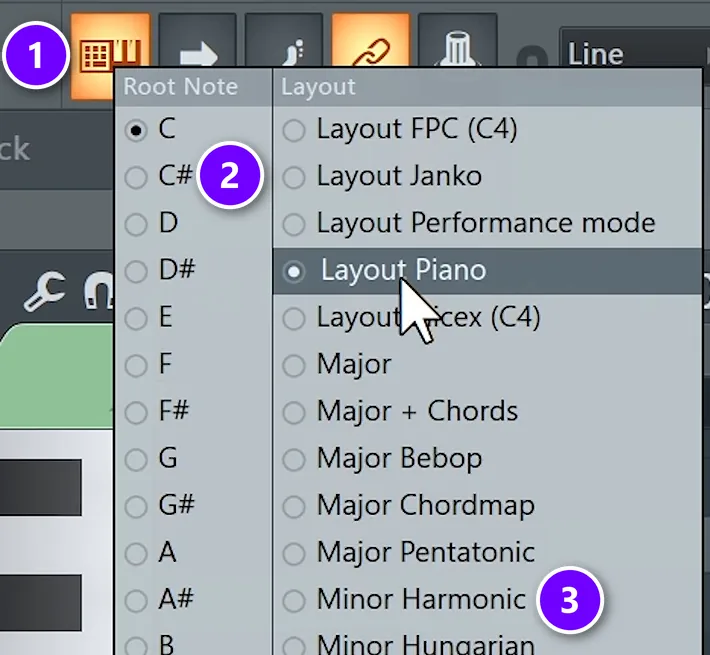 FL Studio typing keyboard to piano button (1) with its root note (2) and scale (3) menu
