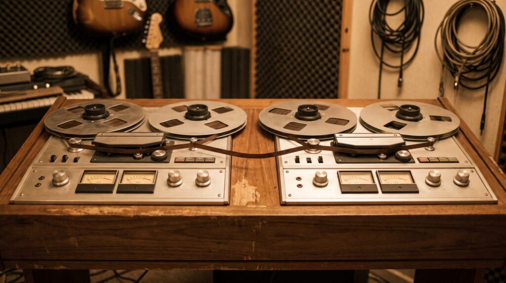 Two vintage reel-to-reel tape machines linked by one loop of tape, the kind of setup behind artificial double tracking