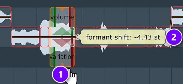 Newtone in FL Studio with a selected vocal note numbered 1 and its formant shift tooltip numbered 2