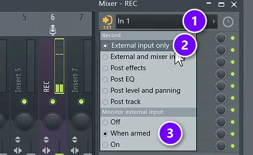 FL Studio mixer with the mic input numbered 1, Record set to External input only numbered 2 and Monitor set to When armed numbered 3