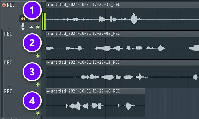 FL Studio Playlist with four vocal takes stacked on four tracks, numbered 1 to 4