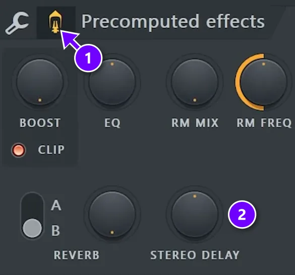 FL Studio sampler Precomputed effects with the knob view button numbered 1 and the STEREO DELAY knob numbered 2